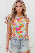 Blueberi B Women’s Floral Print Shirred Tiered Ruffled Sleeve Blouse Polyester Size S-XL