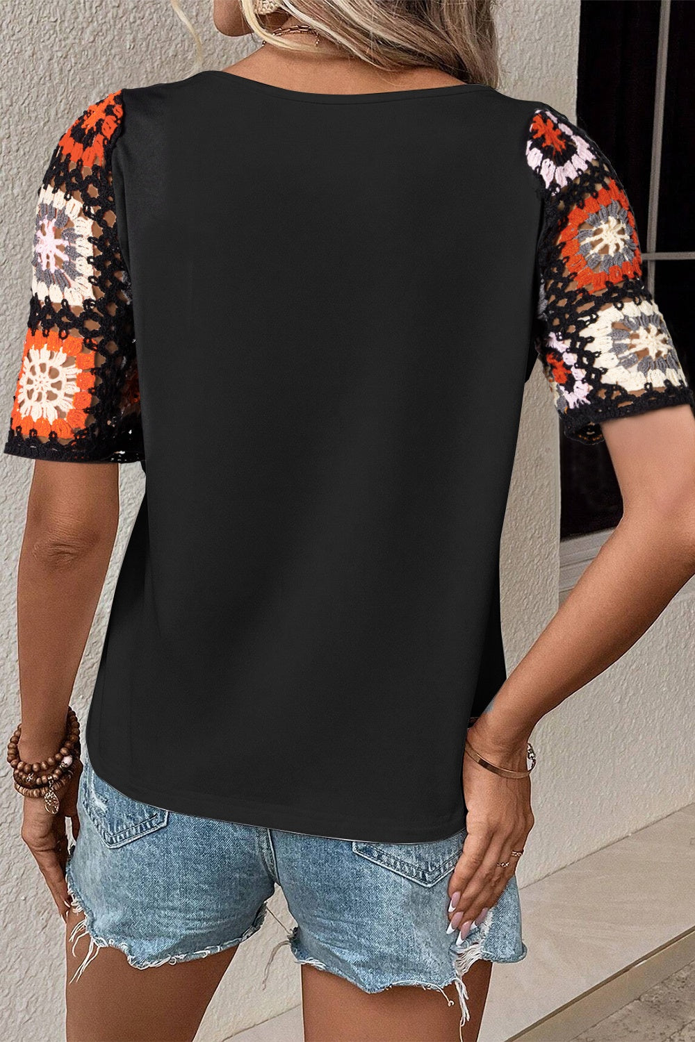 Blueberi B Women's Geometric Round Neck Short Sleeve Blouse Polyester Elastane Size S-XL