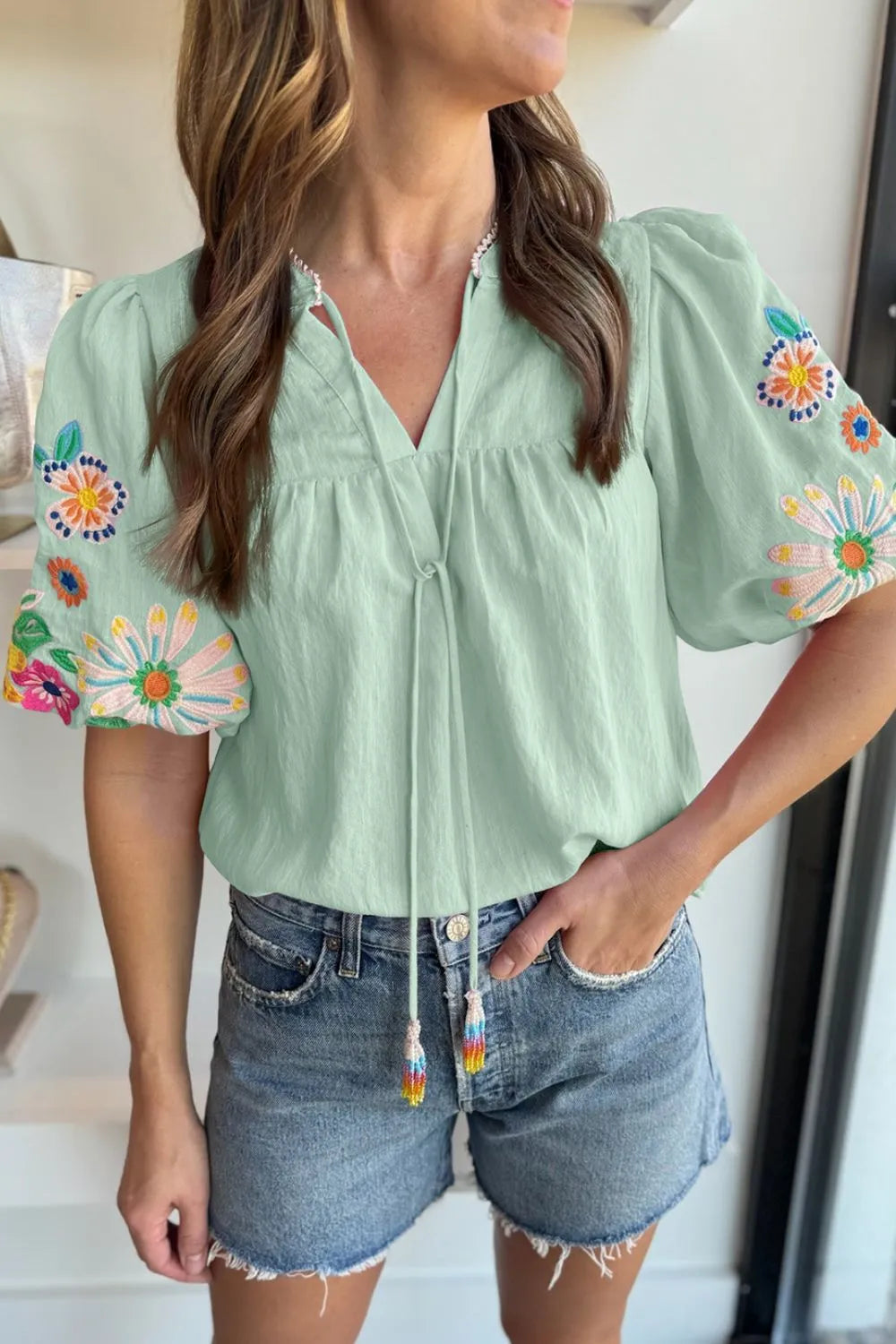 Blueberi B Women’s Embroidered Tie Neck Short Sleeve Blouse Viscose Polyester Polyamide Size S-XL