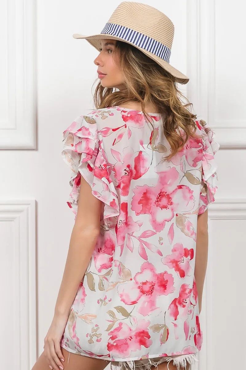 BiBi Women’s Floral Print Short Flutter Sleeve Sheer Top Polyester Cotton S-XL