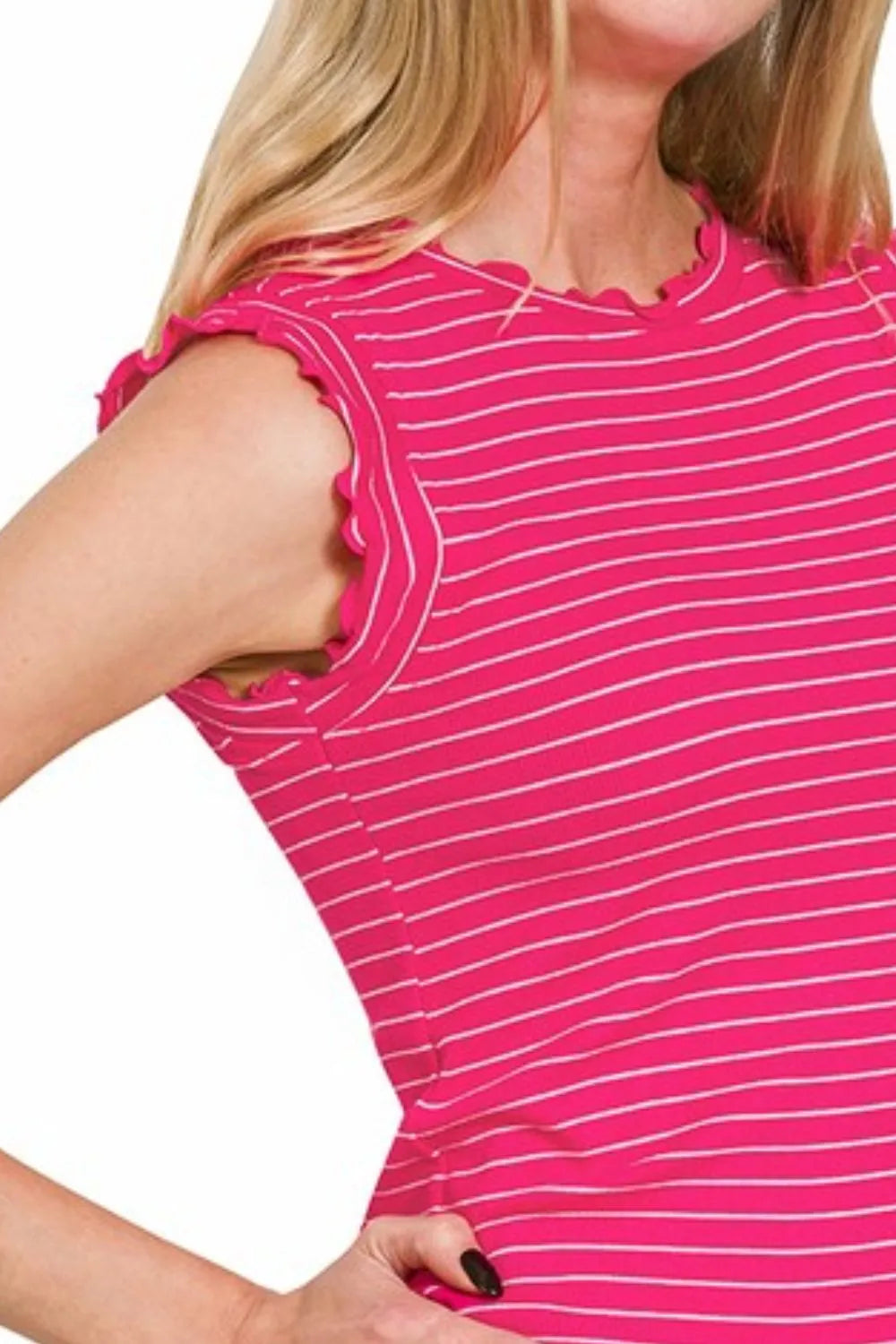 Zenana Women’s Ribbed Ruffle Trim Sleeveless Stripe Top Rayon Polyester Spandex Size S-L