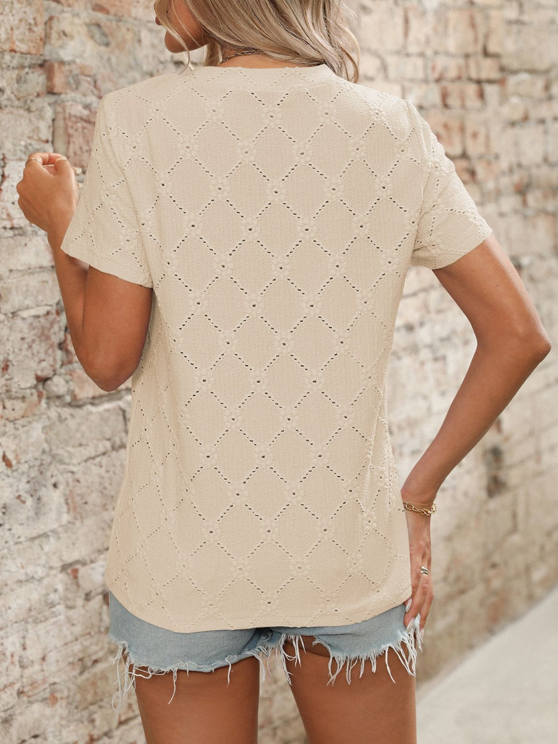 Blueberi B Women’s Eyelet Round Neck Short Sleeve Top Polyester Viscose Elastane Size S-2XL