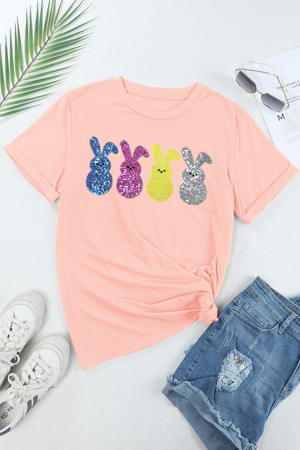 Blueberi B Women’s Sequin Bunny Round Neck Short Sleeve T-Shirt Polyester Cotton Elastane Size S-2XL
