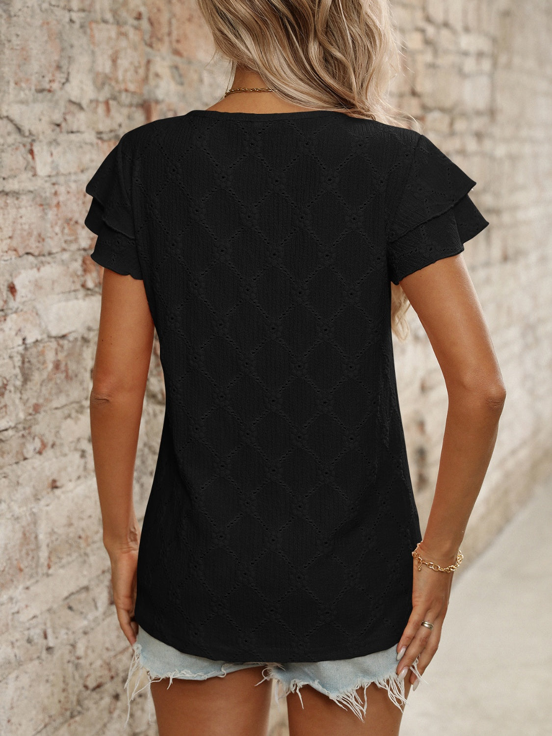 Blueberi B Women’s Eyelet Round Neck Double Layered Ruffled Short Sleeve Top Polyester Viscose Elastane Size S-2XL