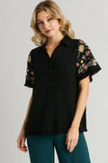 Umgee Women’s Full Size Linen Shirt with Embroidered Sleeves Linen Cotton Plus Size S-2XL