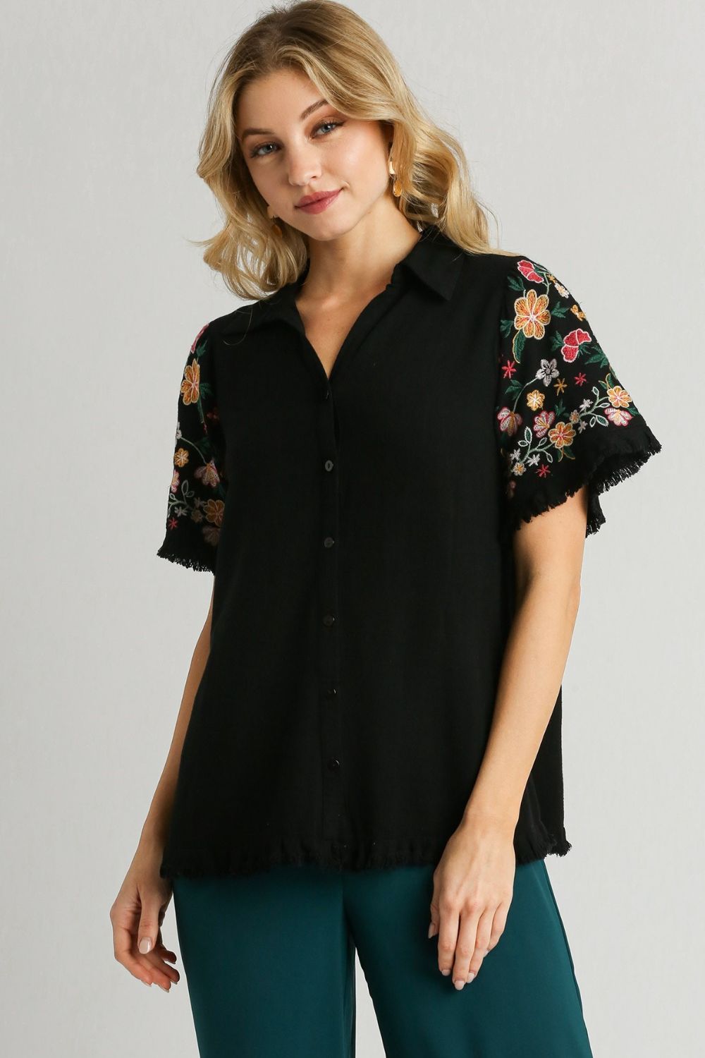Umgee Women’s Full Size Linen Shirt with Embroidered Sleeves Linen Cotton Plus Size S-2XL