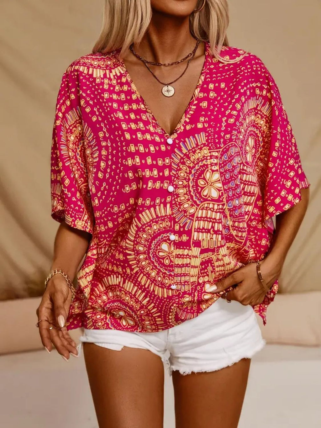 Blueberi B Women’s Printed V-Neck Half Sleeve Top Polyester Spandex S-2XL