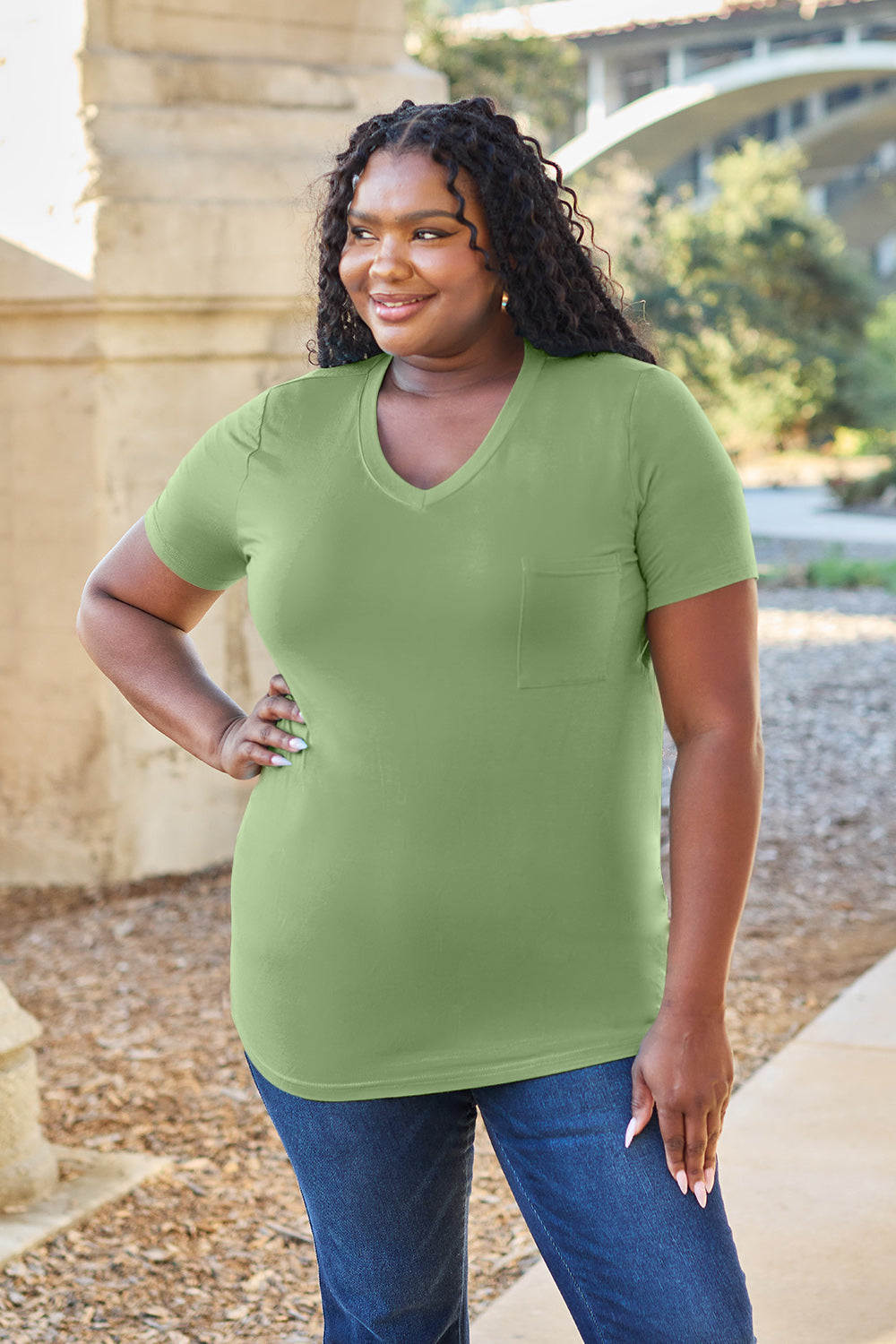 Basic Bae Women’s Bamboo Full Size  V-Neck Short Sleeve T-Shirt Bamboo Spandex Size S-3XL