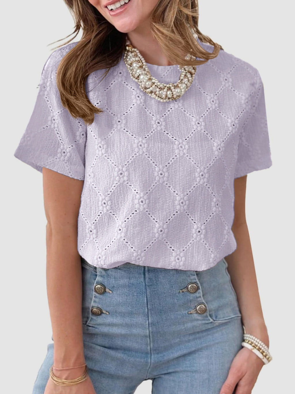Blueberi B Women’s Eyelet Round Neck Short Sleeve Top Polyester Viscose Elastane Size S-2XL