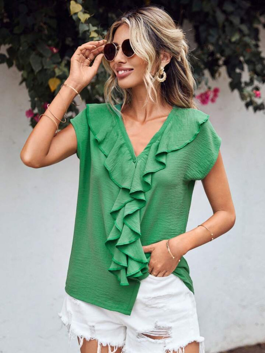 Blueberi B Women's Ruffled V-Neck Short Sleeve Blouse Polyester Spandex Size S-XL