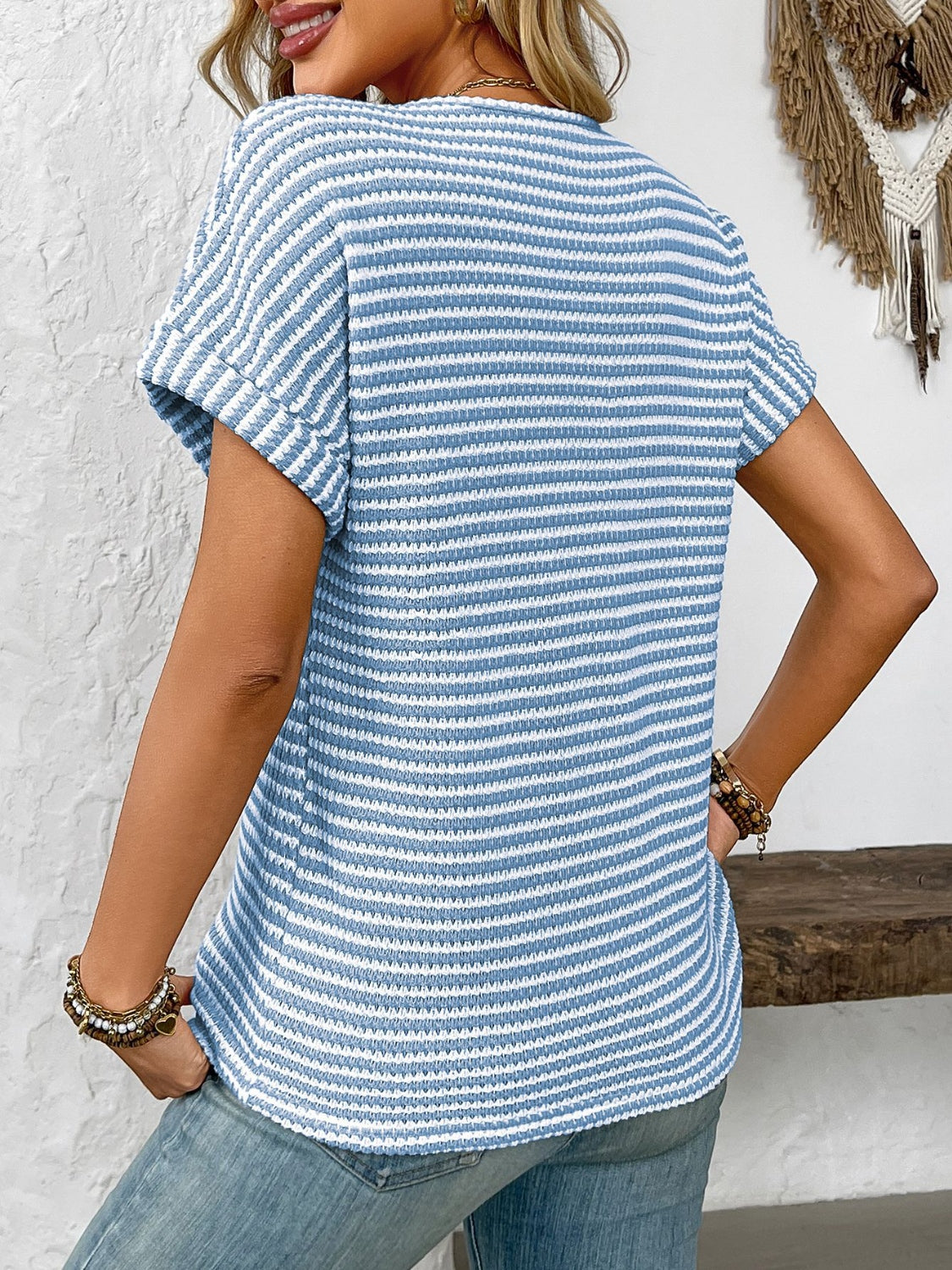 Blueberi B Women’s Striped Notched Short Sleeve T-Shirt Polyester Elastane S-2XL