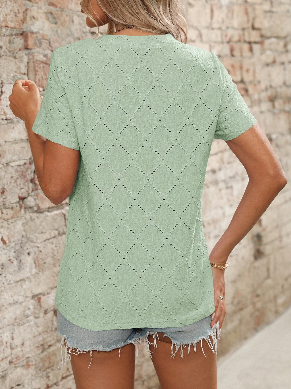 Blueberi B Women’s Eyelet Round Neck Short Sleeve Top Polyester Viscose Elastane Size S-2XL
