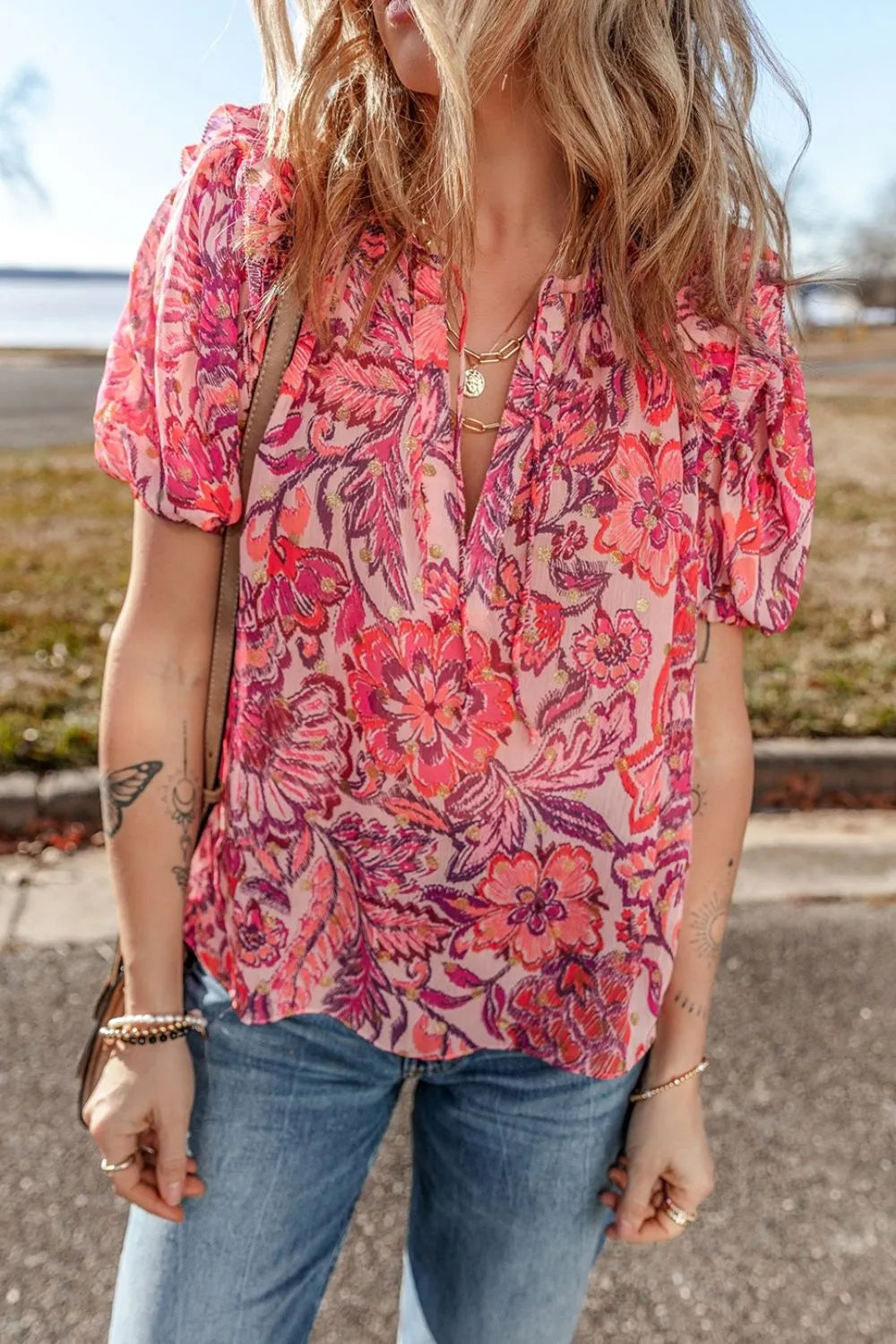 Blueberi B Women’s Floral Print Ruffled Puff Short Sleeve Blouse Polyester Size S-XL