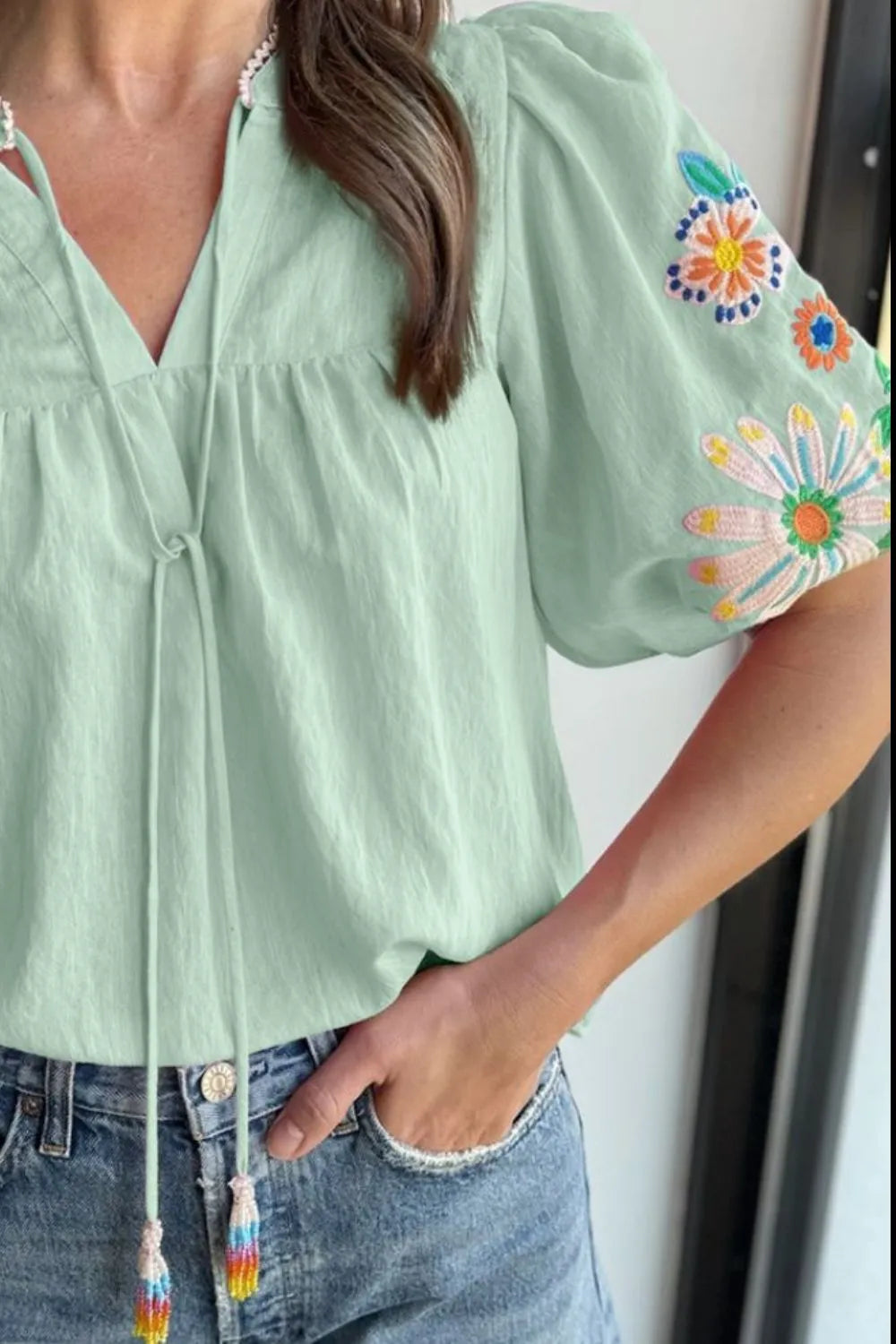 Blueberi B Women’s Embroidered Tie Neck Short Sleeve Blouse Viscose Polyester Polyamide Size S-XL