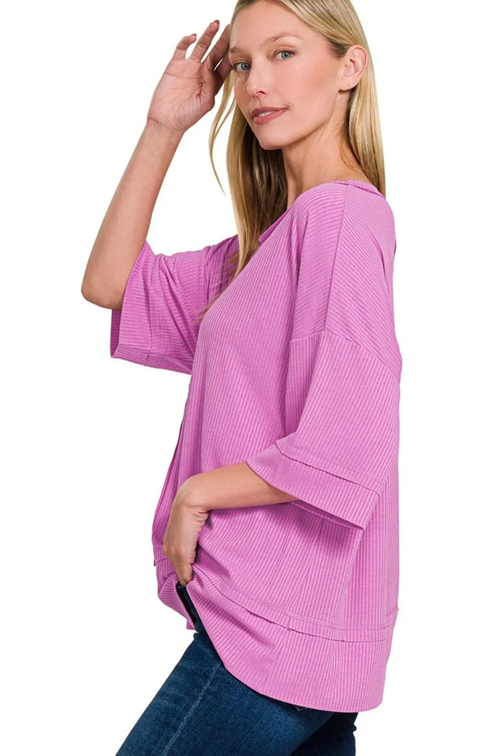 Zenana Women’s Ribbed Boat Neck 3/4 Sleeve Top Polyester Rayon Spandex Size S/M L/XL