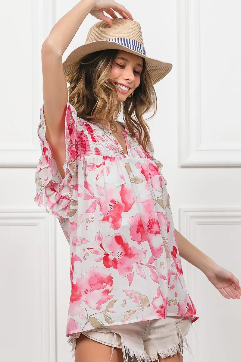 BiBi Women’s Floral Print Short Flutter Sleeve Sheer Top Polyester Cotton S-XL