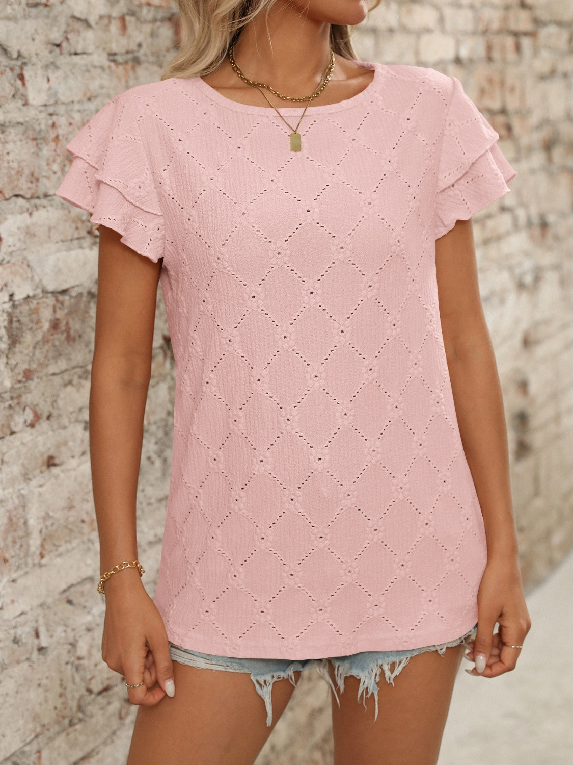 Blueberi B Women’s Eyelet Round Neck Double Layered Ruffled Short Sleeve Top Polyester Viscose Elastane Size S-2XL
