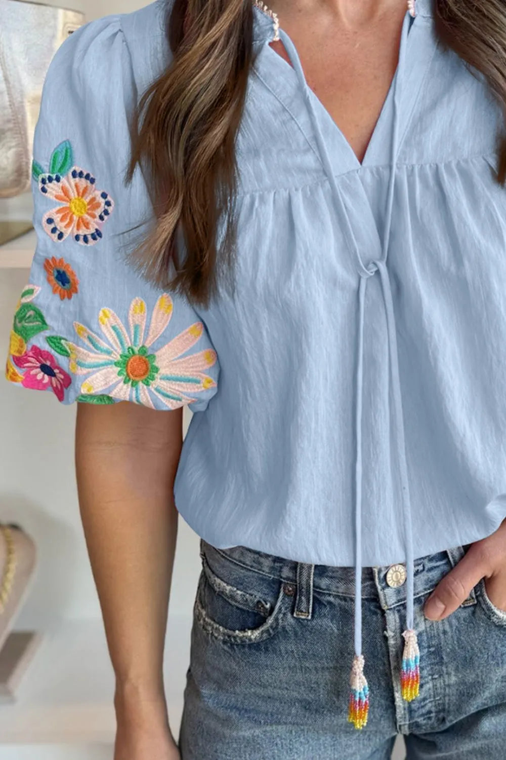 Blueberi B Women’s Embroidered Tie Neck Short Sleeve Blouse Viscose Polyester Polyamide Size S-XL
