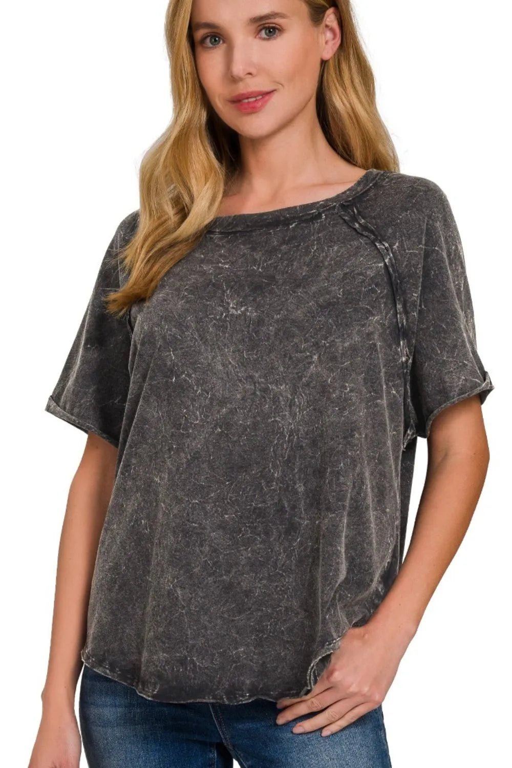 Zenana Women’s Back Patch Crinkle Washed Raglan Sleeve T-Shirts Cotton S-XL