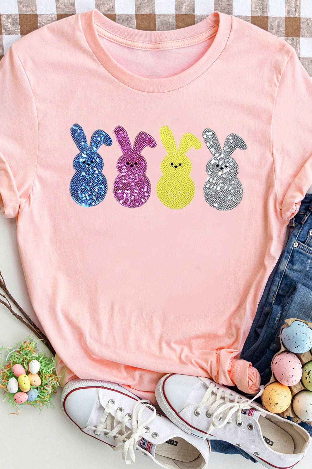 Blueberi B Women’s Sequin Bunny Round Neck Short Sleeve T-Shirt Polyester Cotton Elastane Size S-2XL