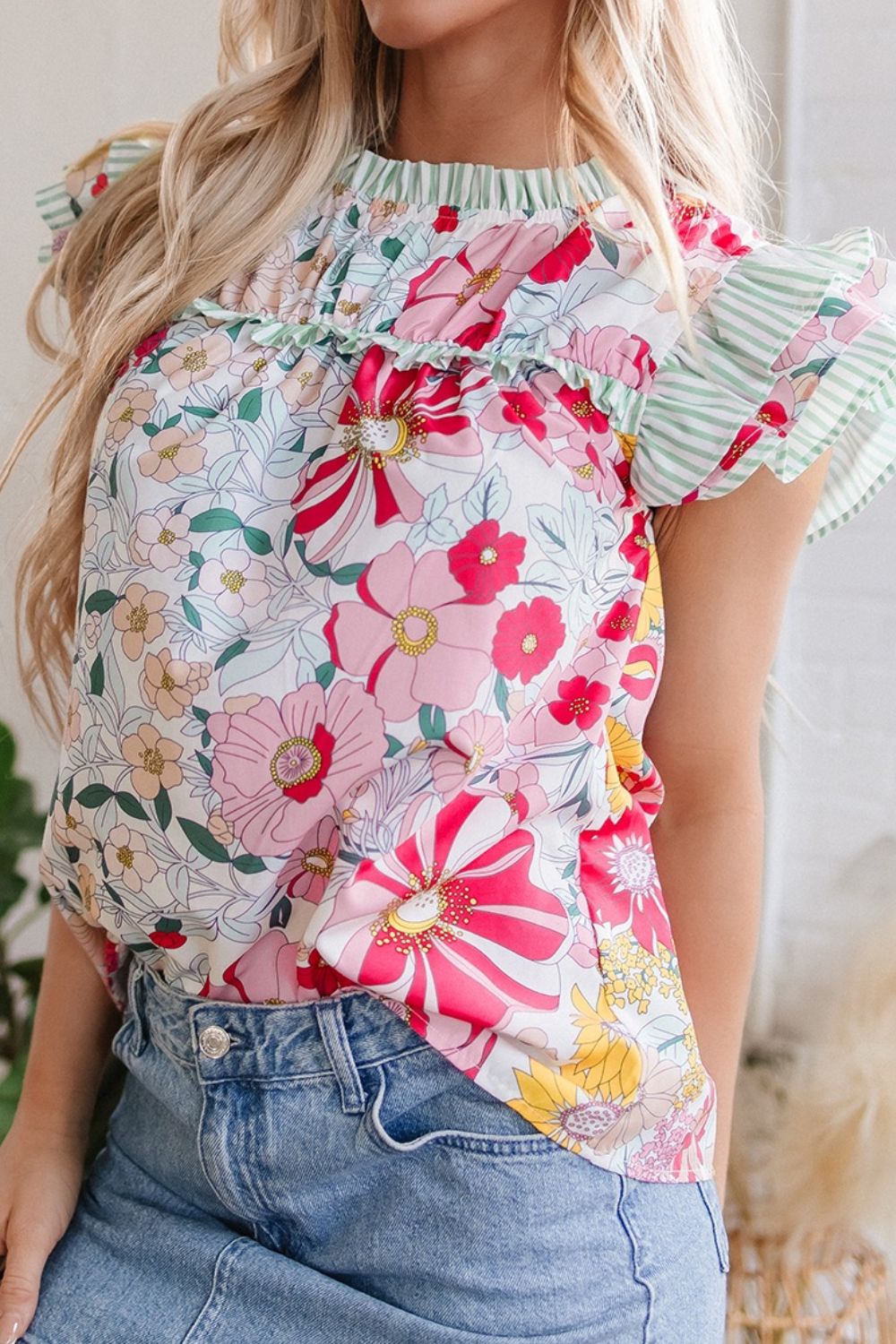 Blueberi B Women’s Frill Floral Print Ruffle Cap Sleeve Blouse Polyester Size S-XL
