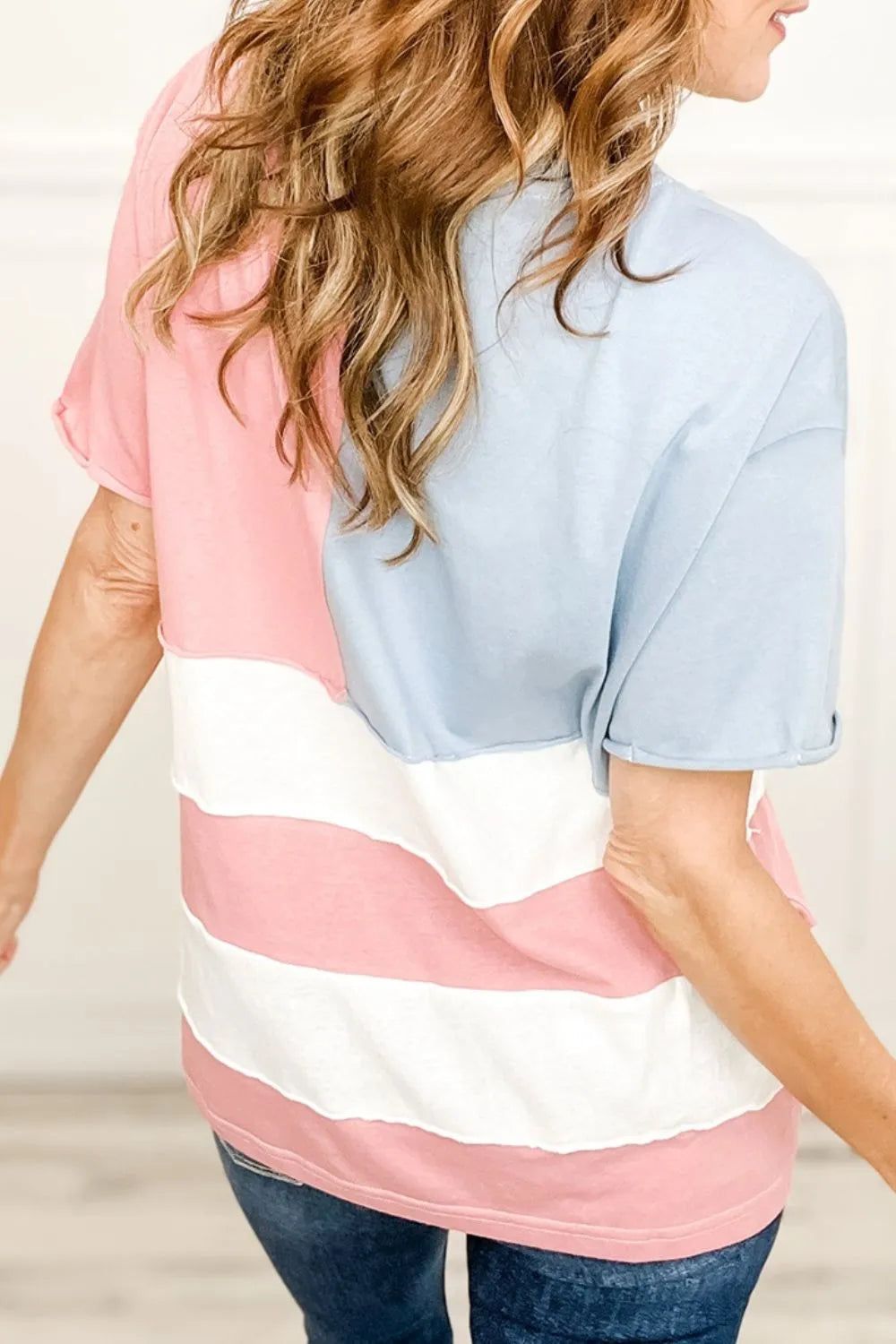 Blueberi B Women’s Patriotic Star Color Block Short Sleeve T-Shirt Polyester Elastane S-L