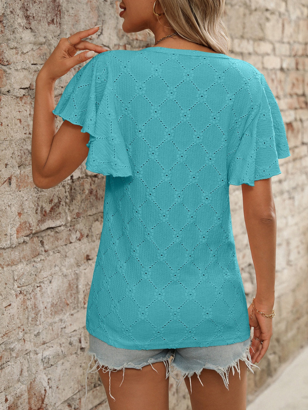 Blueberi B Women’s Eyelet Round Neck Flutter Sleeve Top Polyester Viscose Elastane Size Size S-2XL
