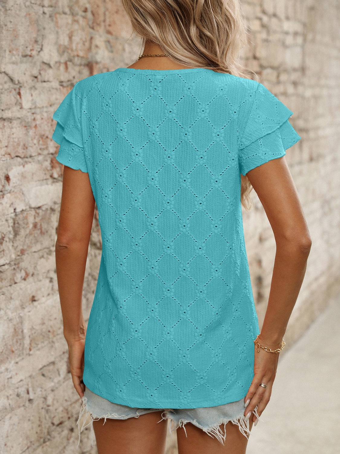 Blueberi B Women’s Eyelet Round Neck Double Layered Ruffled Short Sleeve Top Polyester Viscose Elastane Size S-2XL