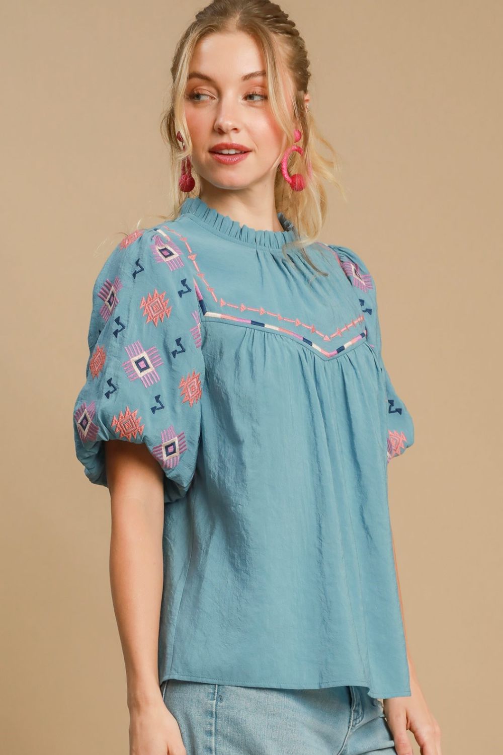 Umgee Women’s Full Size Embroidered Puff Sleeve Mock Neck Top Polyester Plus Size S-2XL