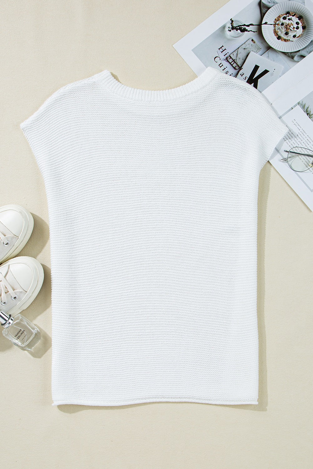 Blueberi B Women’s Short Sleeve Side Slit Round Neck Knit Top Acrylic Size S-XL