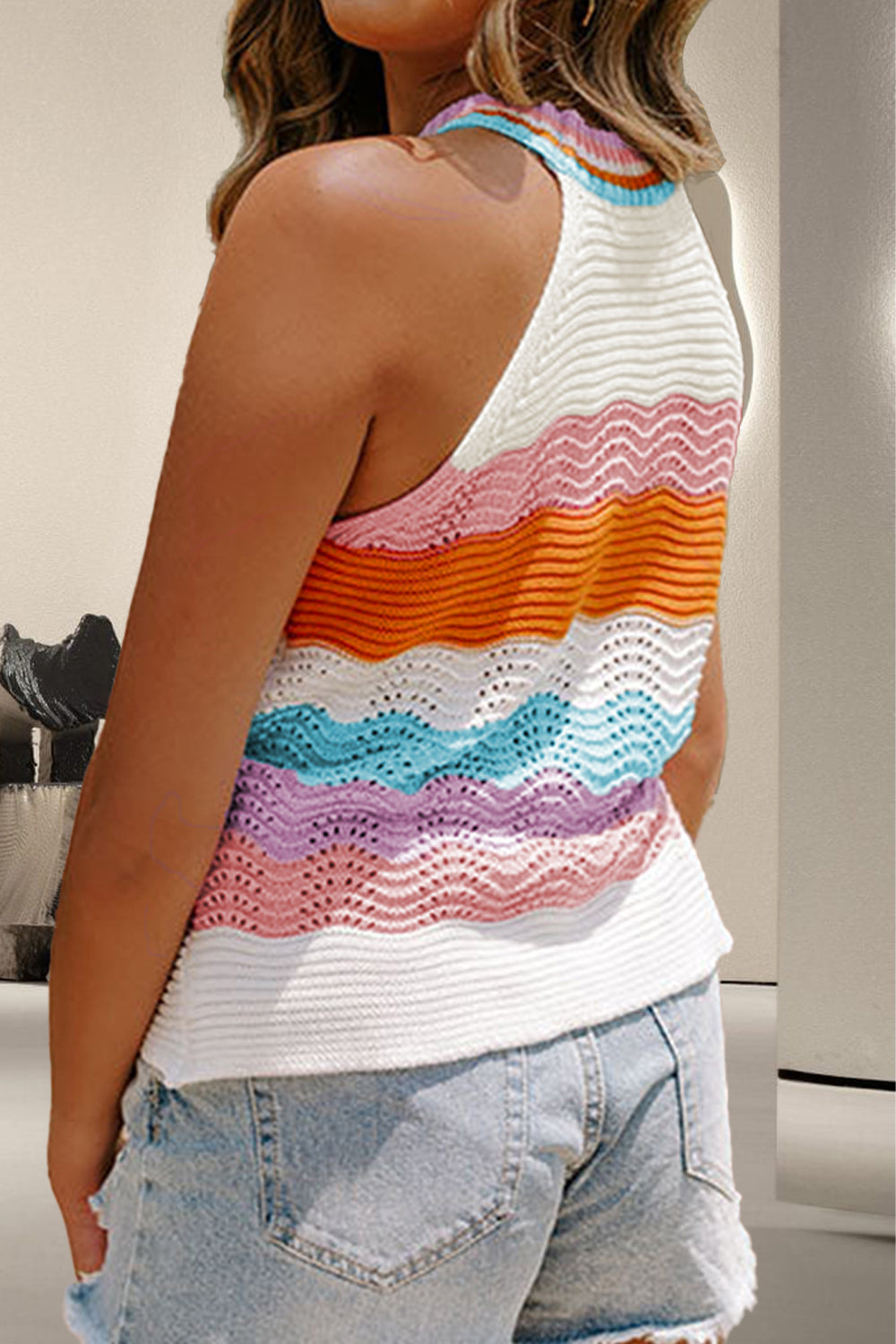 Blueberi B Women's Color Block Round Neck Knit Vest Top Viscose Size S-XL