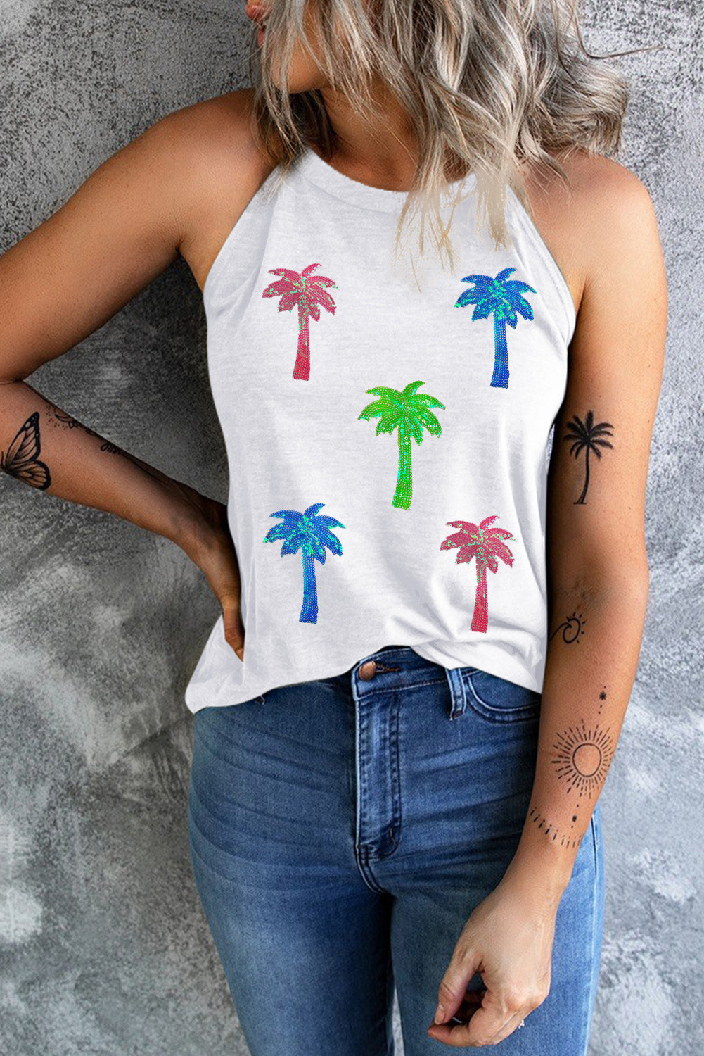 Blueberi B Women's Sequin Coconut Tree Round Neck Tank Polyester Cotton Elastane Size S-2XL