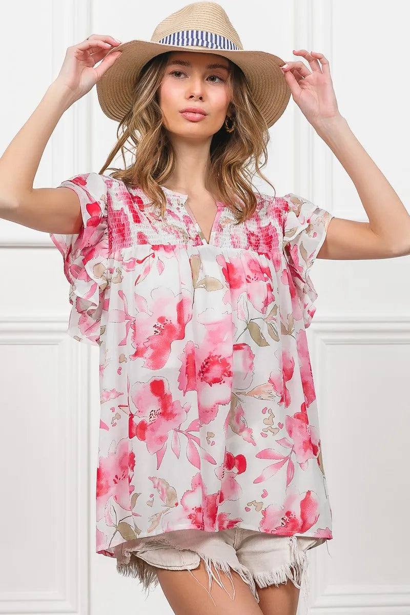 BiBi Women’s Floral Print Short Flutter Sleeve Sheer Top Polyester Cotton S-XL