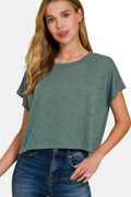 Zenana Women's  Round Neck Short Sleeve Crop T-Shirt Polyester Rayon Spandex Size S-XL