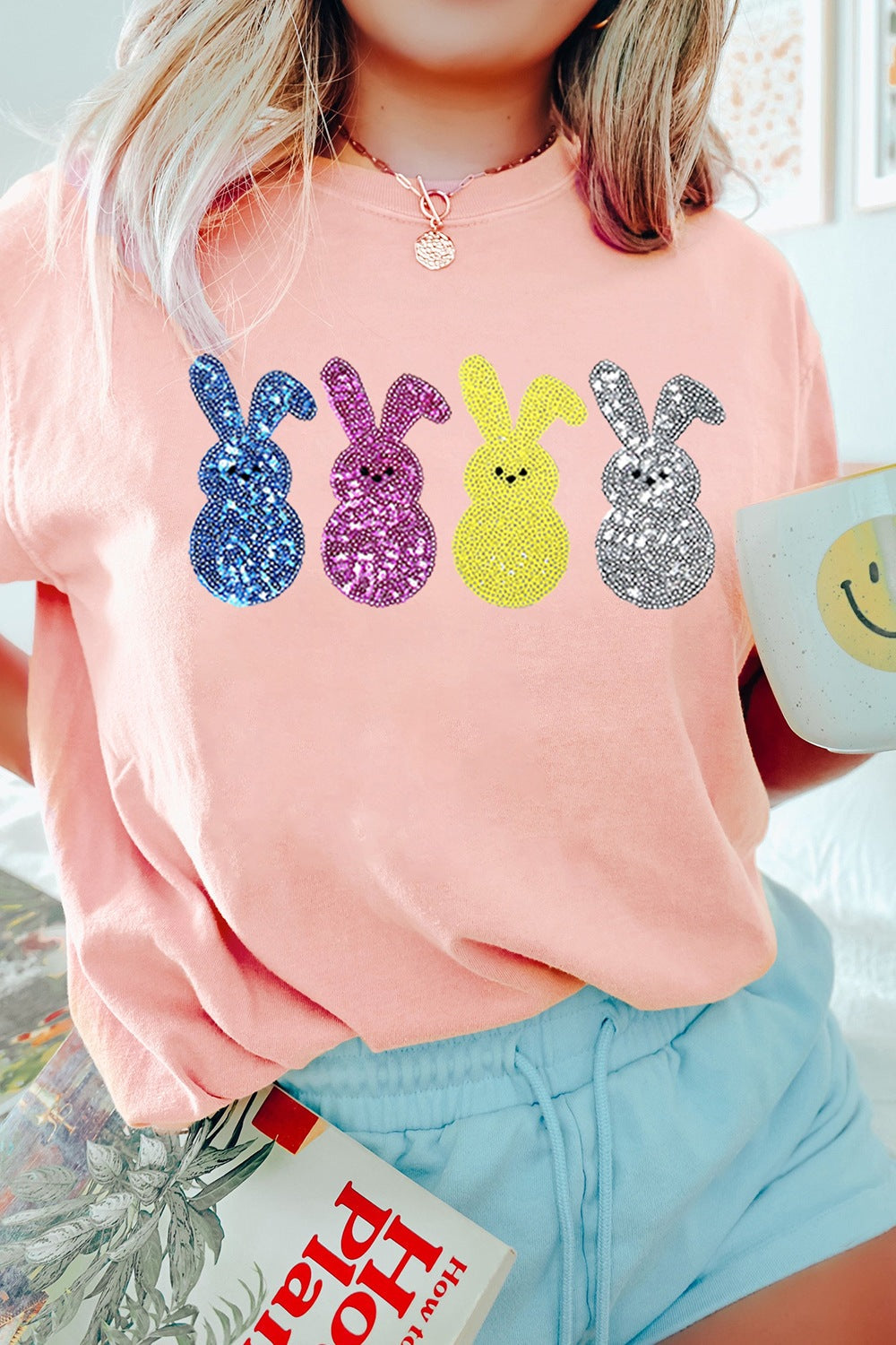 Blueberi B Women’s Sequin Bunny Round Neck Short Sleeve T-Shirt Polyester Cotton Elastane Size S-2XL