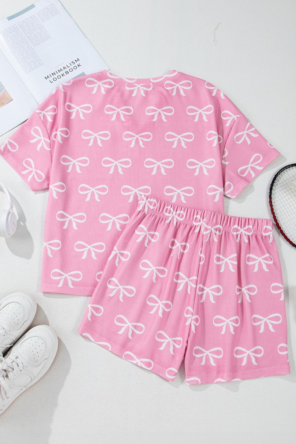 Blueberi B Women’s Bowknot Printed Notched Short Sleeve T-Shirt and Shorts Set Polyester S-XL