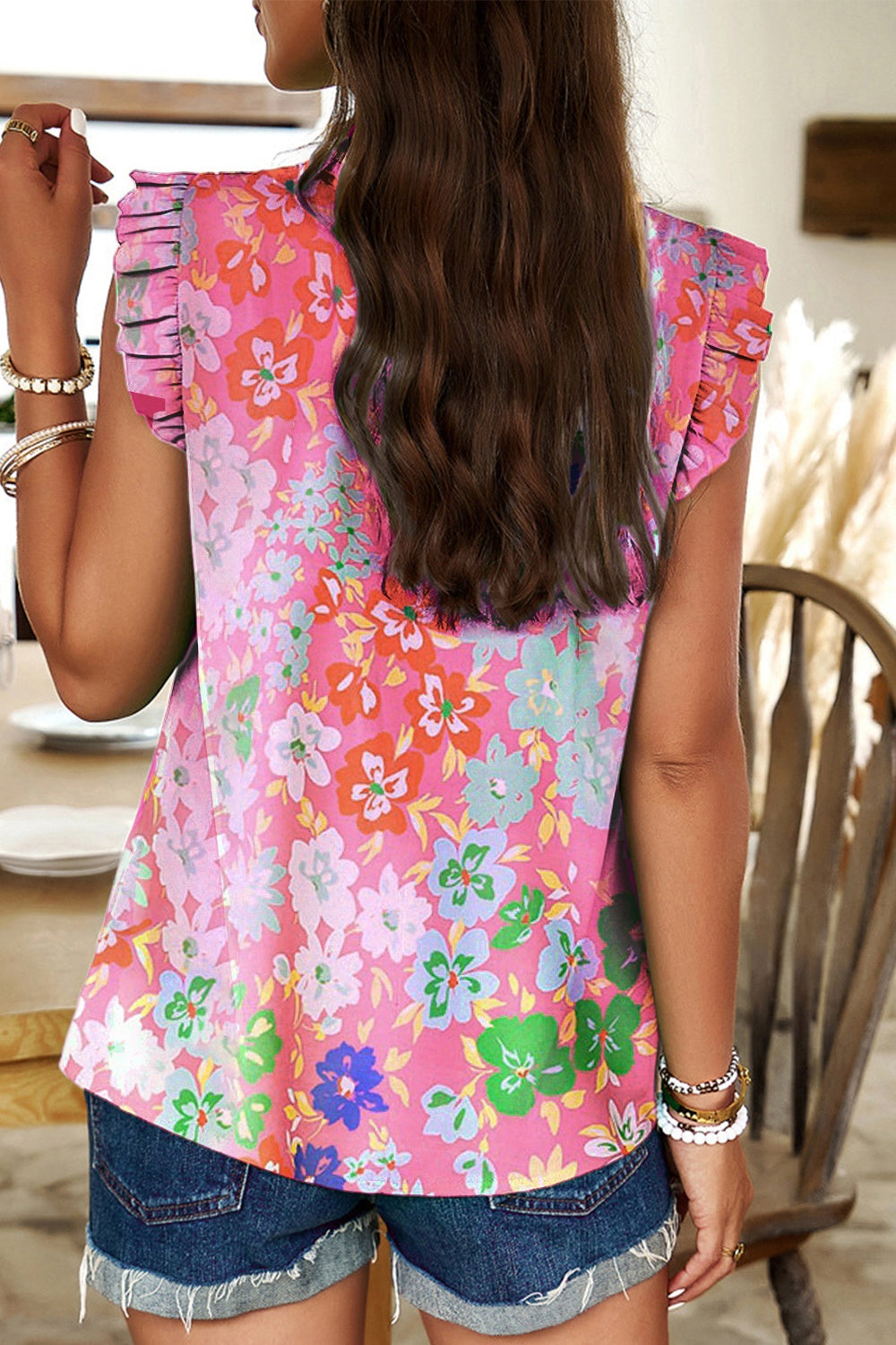 Blueberi B Women's  Ruffled Printed Mock Neck Cap Sleeve Blouse Polyester Size S-XL