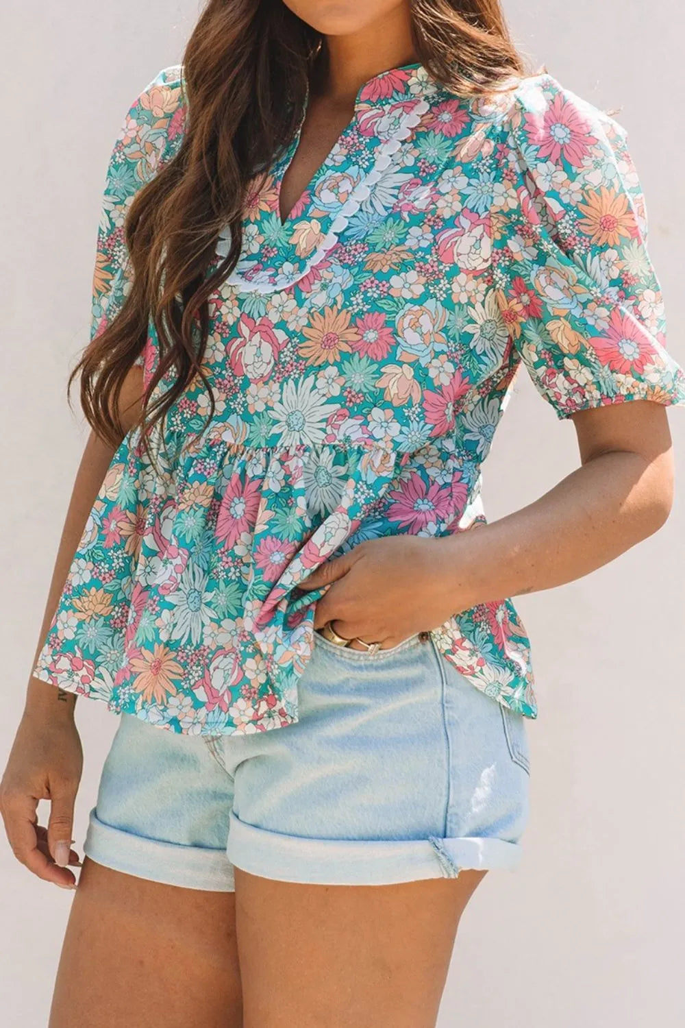 Blueberi B Women’s Multicolor Crochet V Neck Half Sleeve Boho Floral Blouse Polyester Size S-XL
