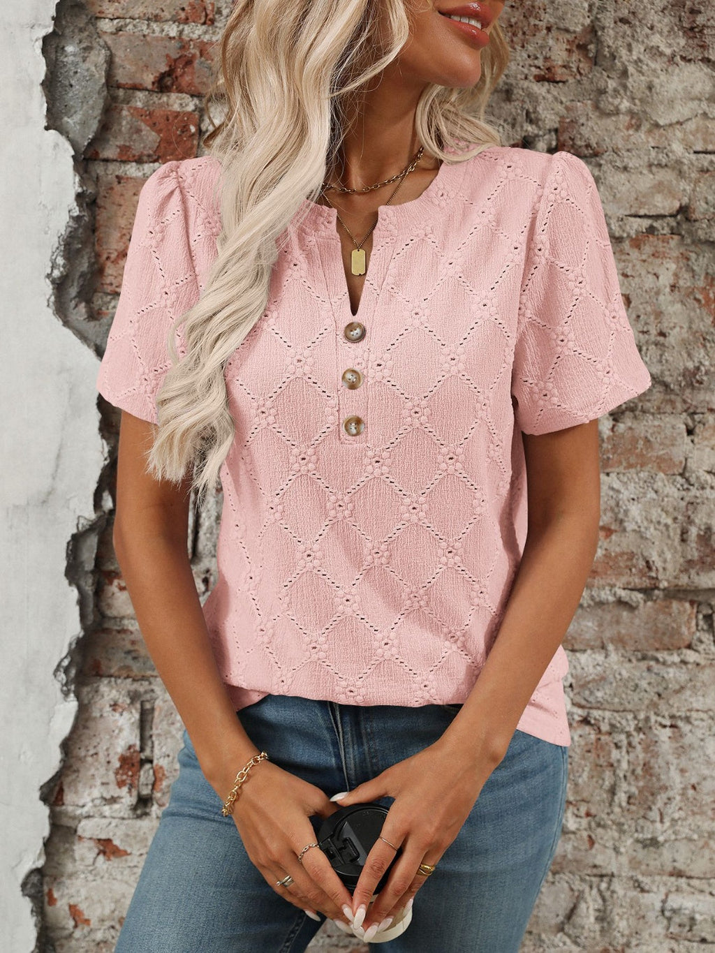 Blueberi B Women’s Eyelet Notched Short Sleeve Top Polyester Viscose Elastane Size S-2XL