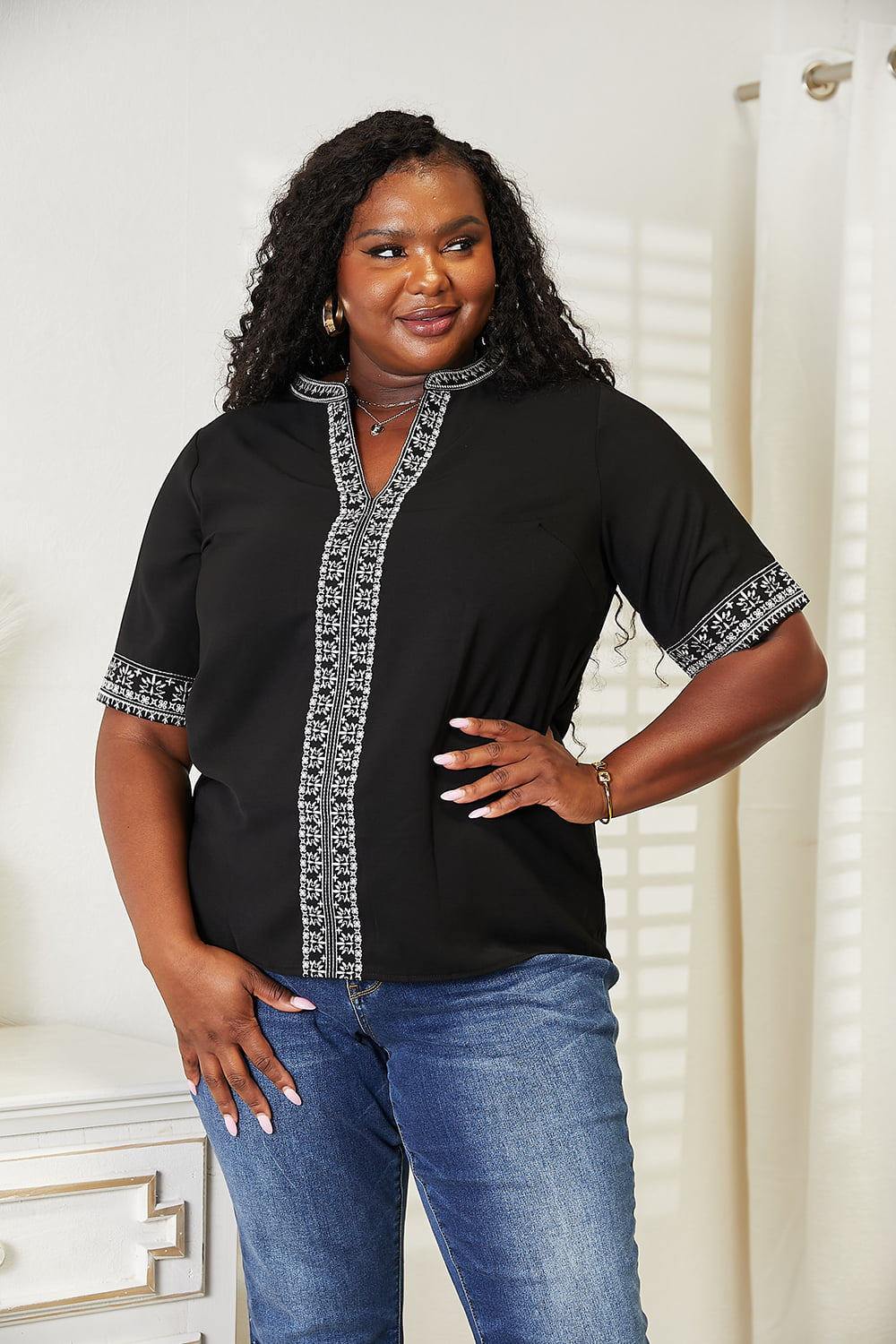 Double Take Women's  Embroidered Notched Neck Top Rayon Polyester Size S-L