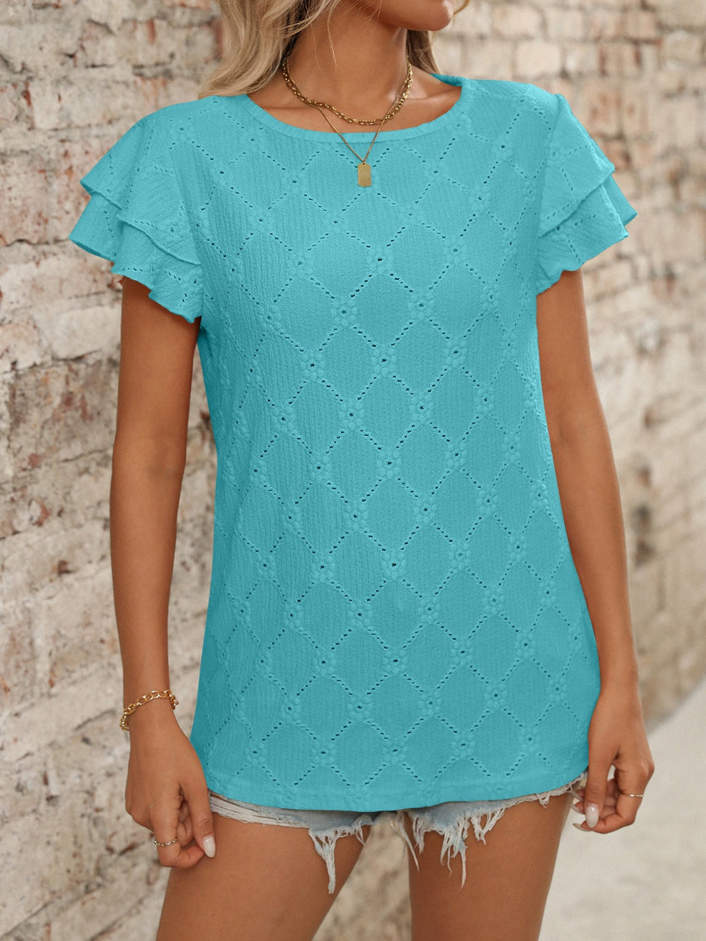 Blueberi B Women’s Eyelet Round Neck Double Layered Ruffled Short Sleeve Top Polyester Viscose Elastane Size S-2XL