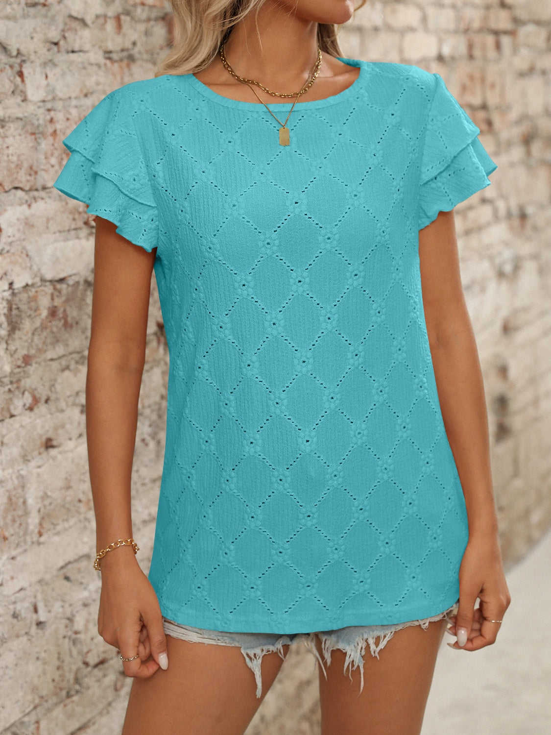 Blueberi B Women’s Eyelet Round Neck Double Layered Ruffled Short Sleeve Top Polyester Viscose Elastane Size S-2XL