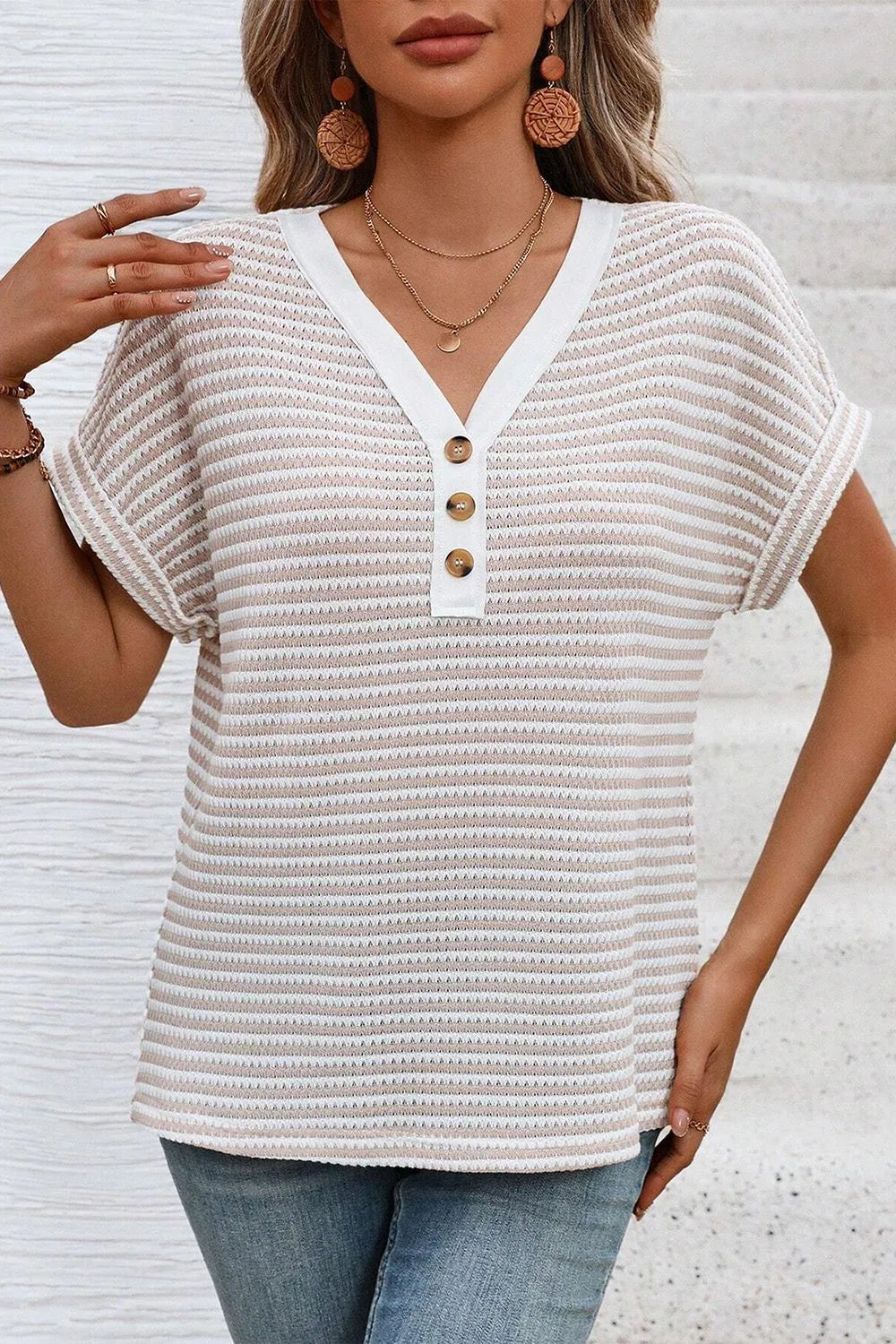 Blueberi B Women’s Stripe Buttoned Front V Neck T Shirt Polyester Elastane Size S-XL
