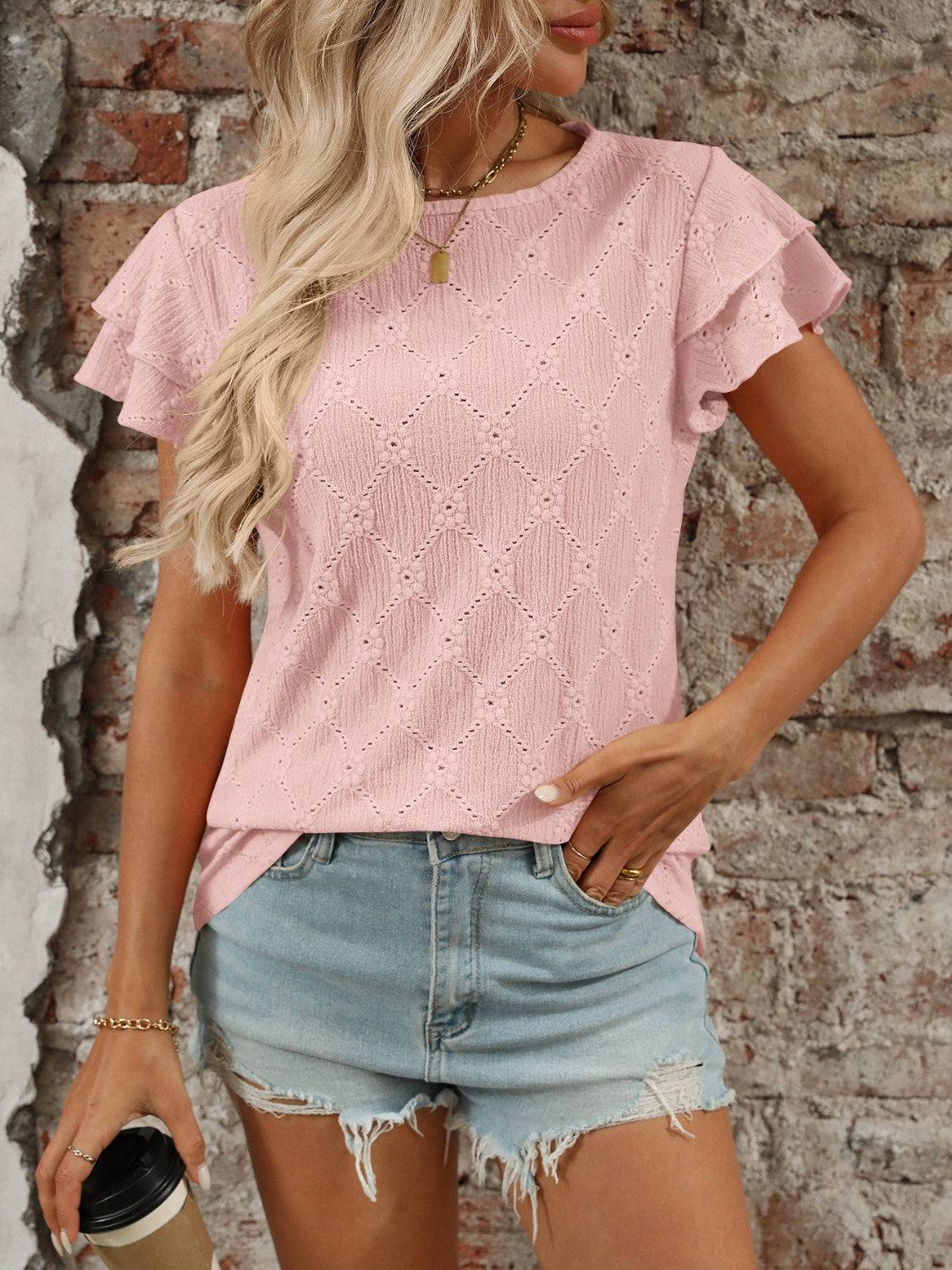 Blueberi B Women’s Eyelet Round Neck Double Layered Ruffled Short Sleeve Top Polyester Viscose Elastane Size S-2XL