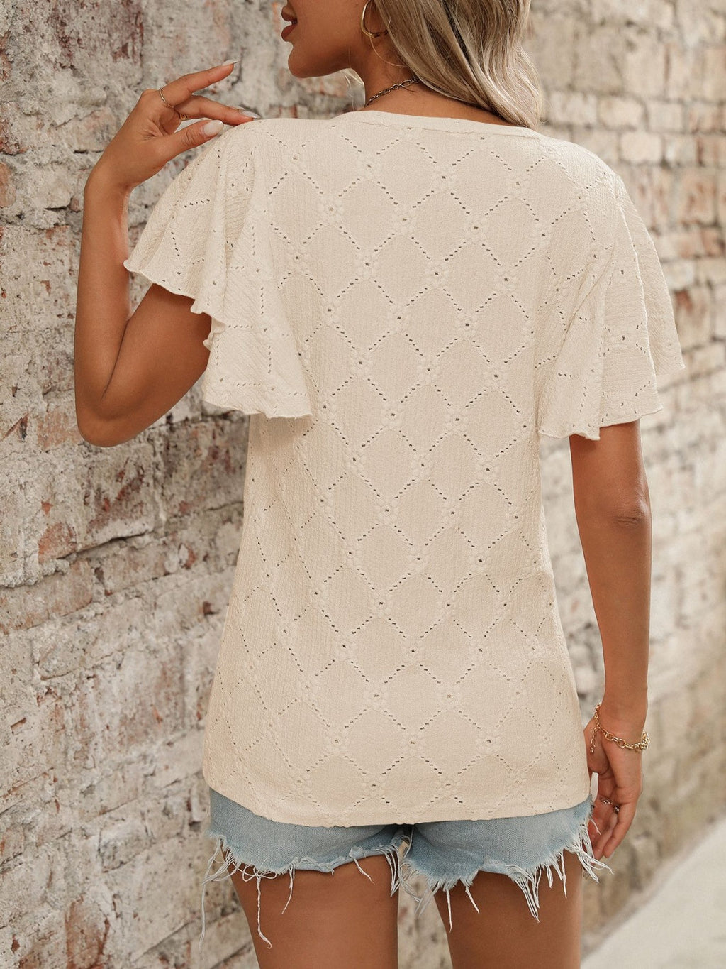 Blueberi B Women’s Eyelet Round Neck Flutter Sleeve Top Polyester Viscose Elastane Size Size S-2XL