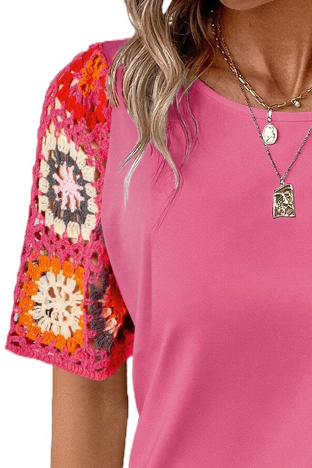 Blueberi B Women's Geometric Round Neck Short Sleeve Blouse Polyester Elastane Size S-XL