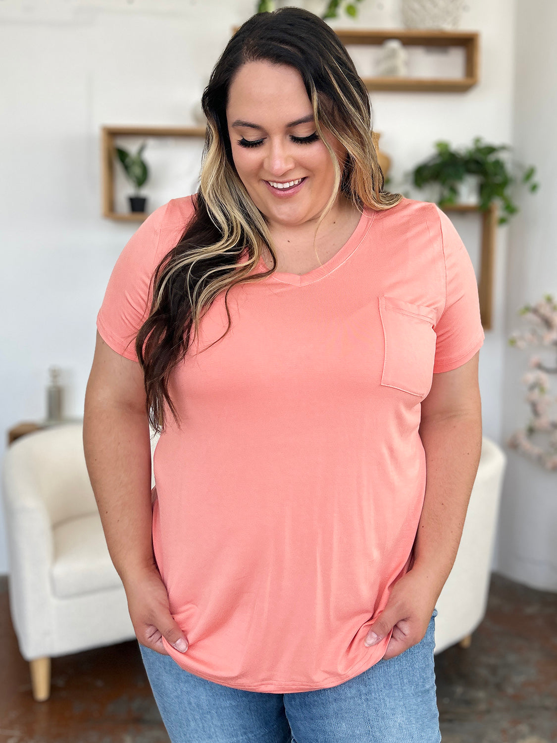 Basic Bae Women’s Bamboo Full Size  V-Neck Short Sleeve T-Shirt Bamboo Spandex Size S-3XL