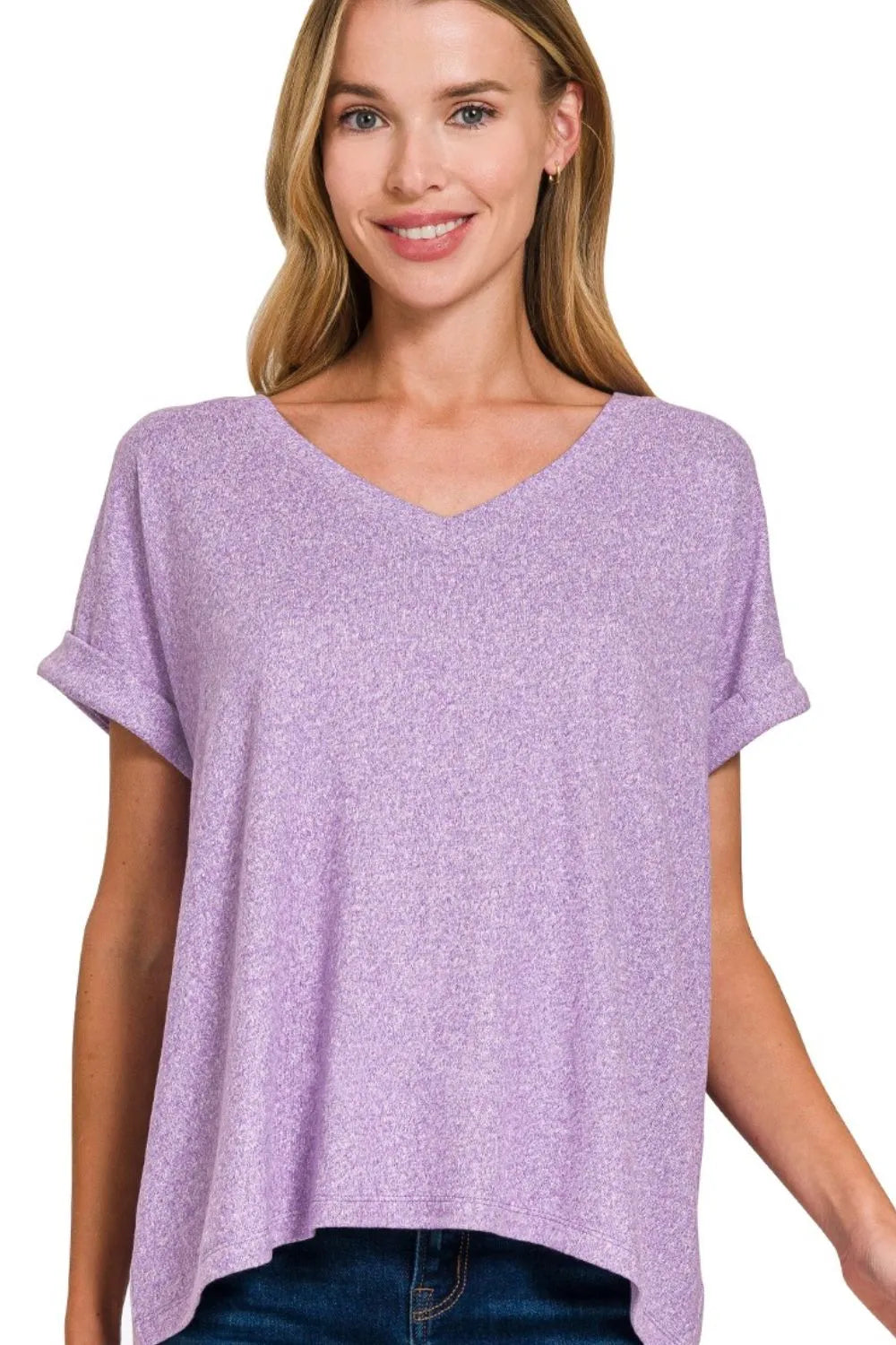 Zenana Women’s Soft Melange Hacci V-neck Tee Polyester Spandex Size S-L