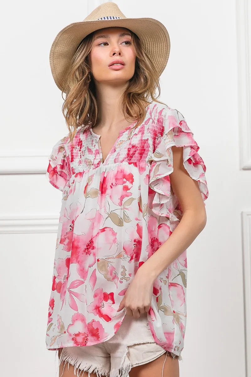 BiBi Women’s Floral Print Short Flutter Sleeve Sheer Top Polyester Cotton S-XL