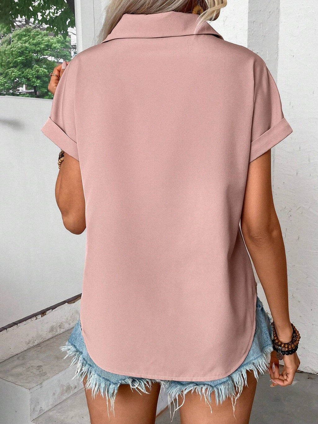 Blueberi B Women’s Pleated Detail Collared Neck Short Sleeve Shirt Polyester Size S-2XL